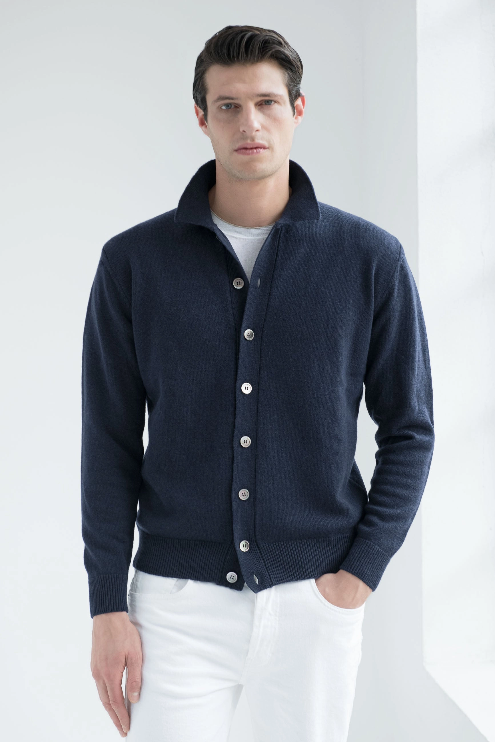 Compact Knit Technique Loop Back Finish Blue cardigan ?C Made in Italy