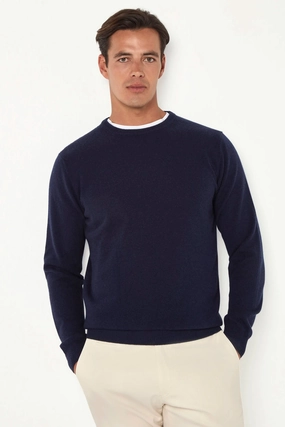 Jacquard Weave Modern Comfort Blue cashmere round neck ?C Made in italy