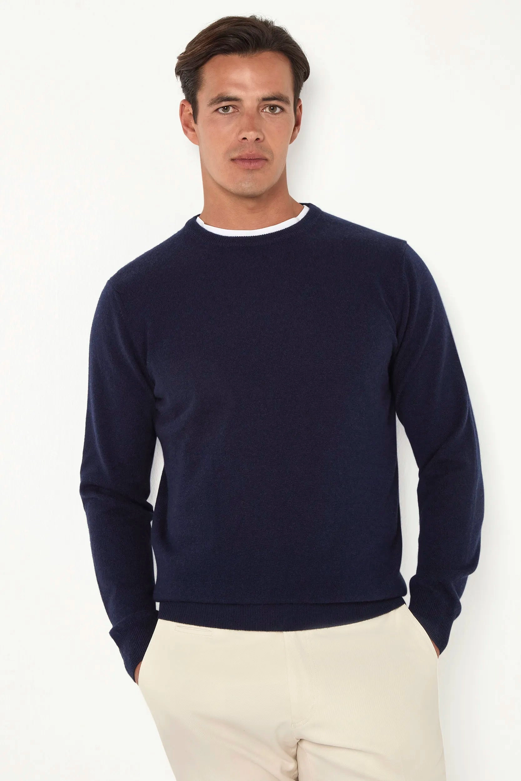 Jacquard Weave Modern Comfort Blue cashmere round neck ?C Made in italy