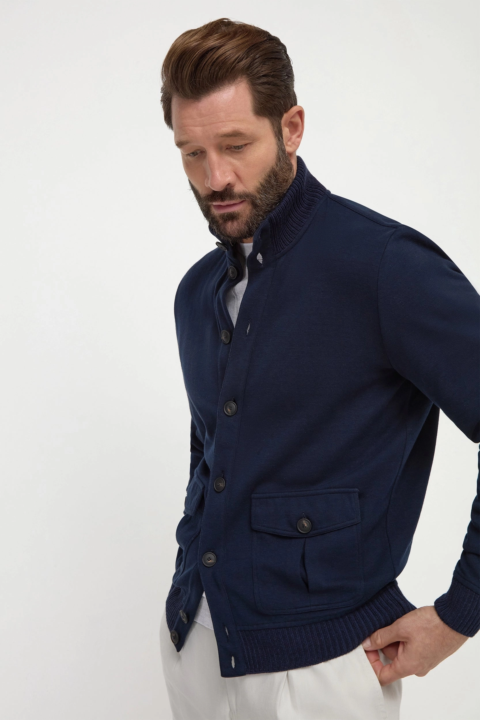 Sleek Wear Blue cotton knitted bomber ?C Made in Italy