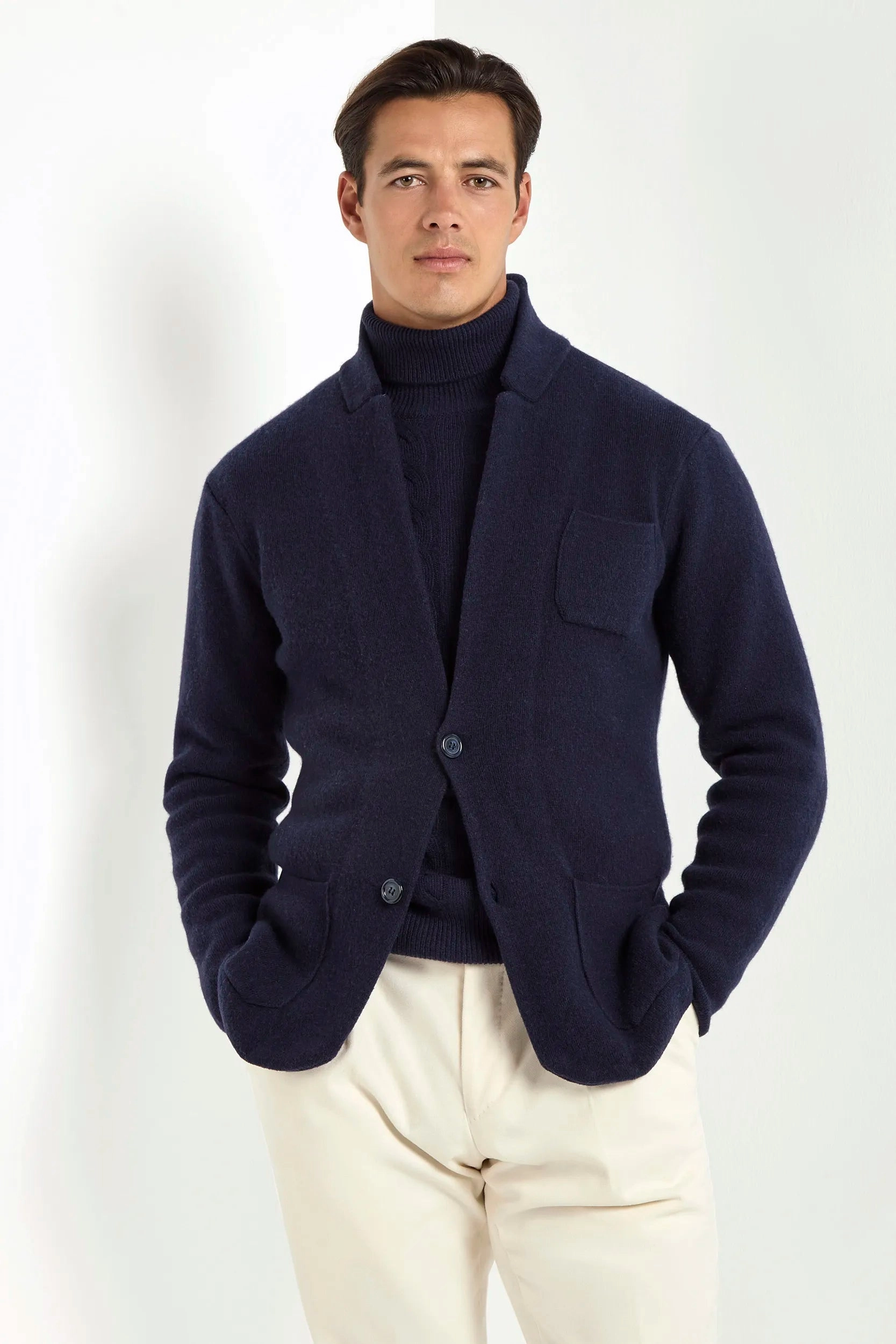 Blue knitted jacket - wool and cashmere - Made in Italy Microfiber Textile Seasonless Style