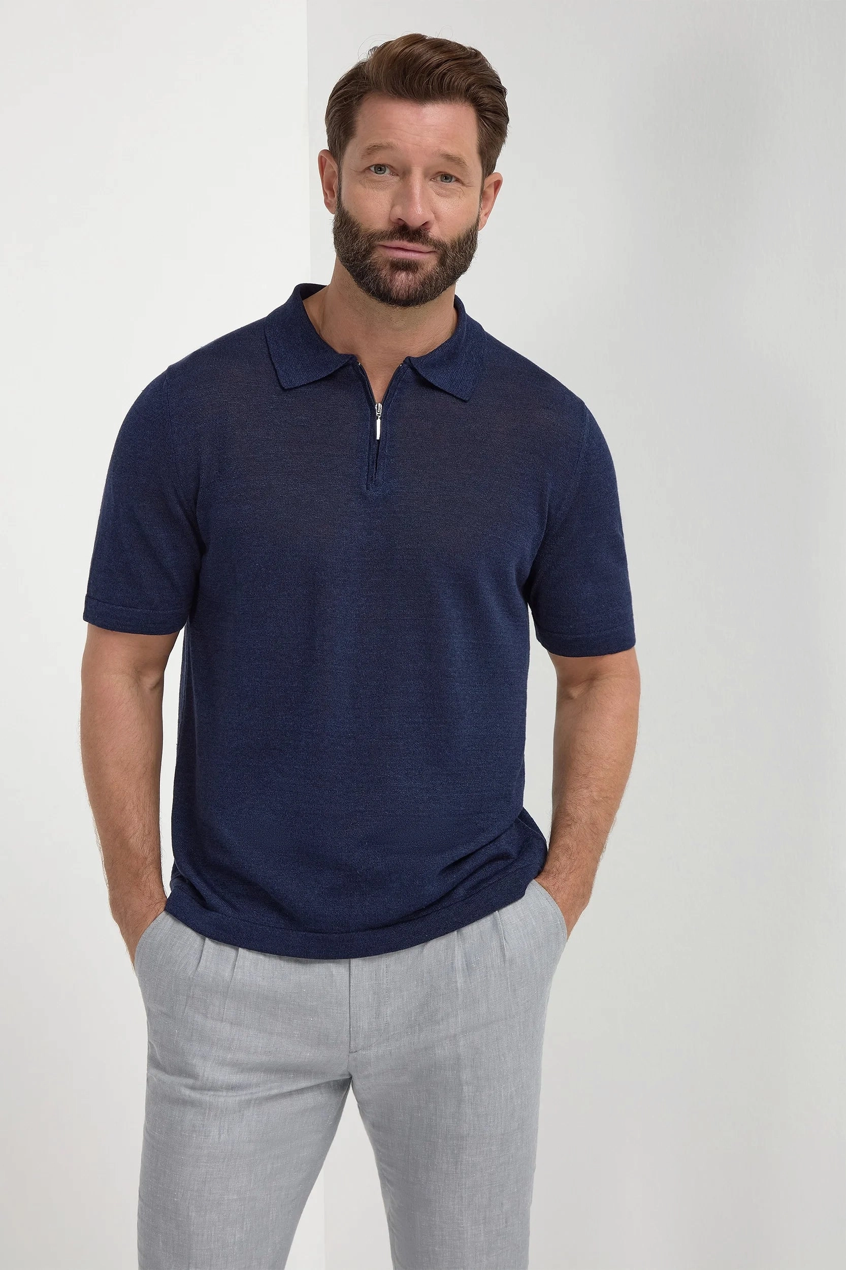 Machine washable FineGauge Knit Blue linen and cotton zipped polo - Made in Italy