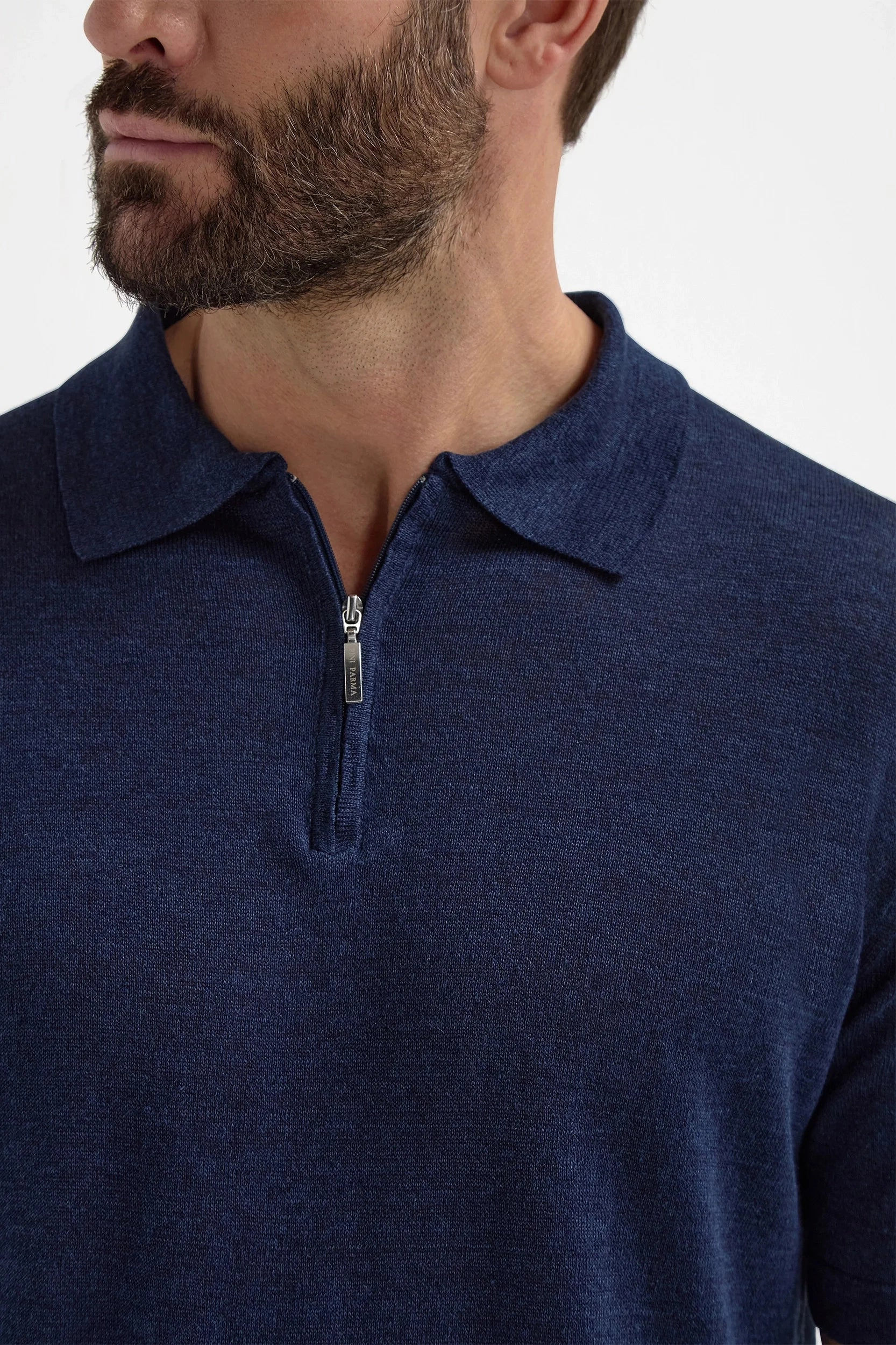 Blue linen and cotton zipped polo - Made in Italy VeganFriendly Material