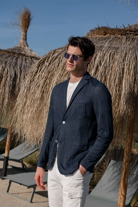Heat Retention Lining Blue linen knitted jacket - Made in Italy