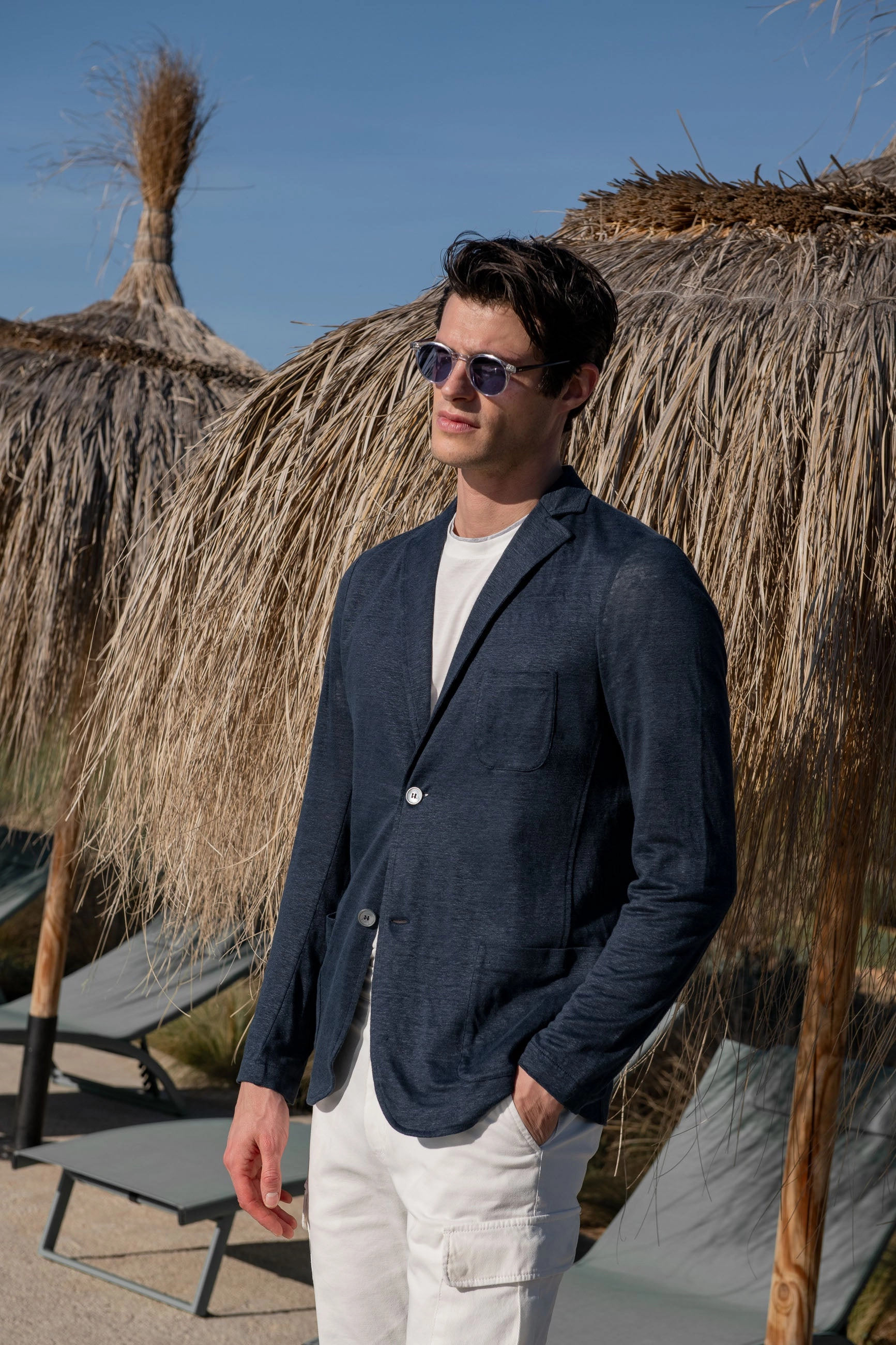 Heat Retention Lining Blue linen knitted jacket - Made in Italy
