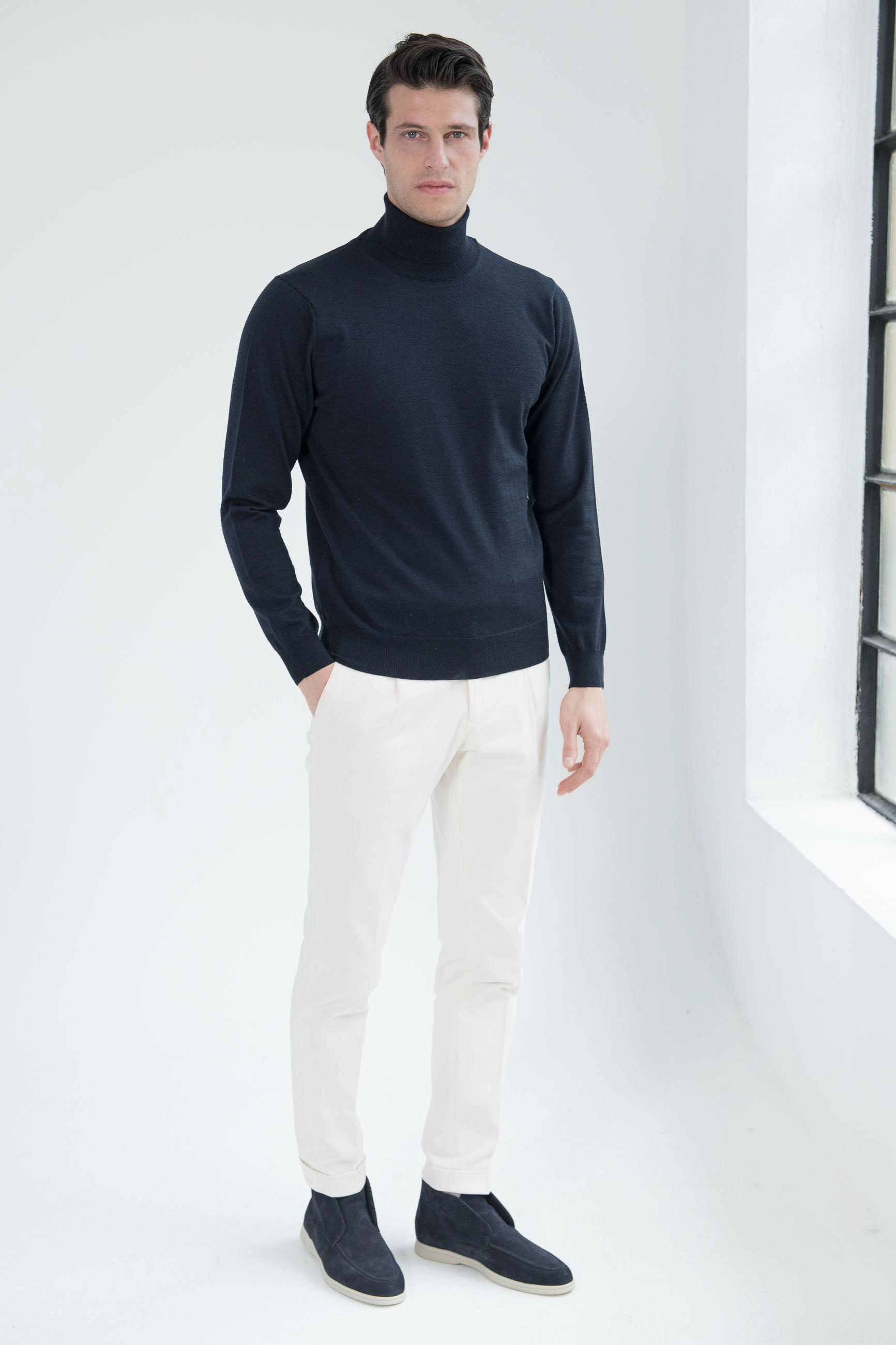 Blue Merino Turtleneck ?C Made in Italy Brushed Inner Lining Ethical Production Certified