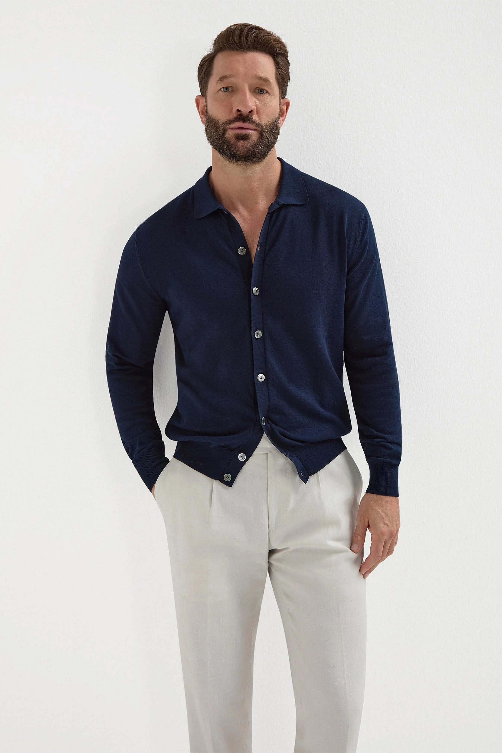 Blue polo cardigan - Made in Italy Ribbed Structure
