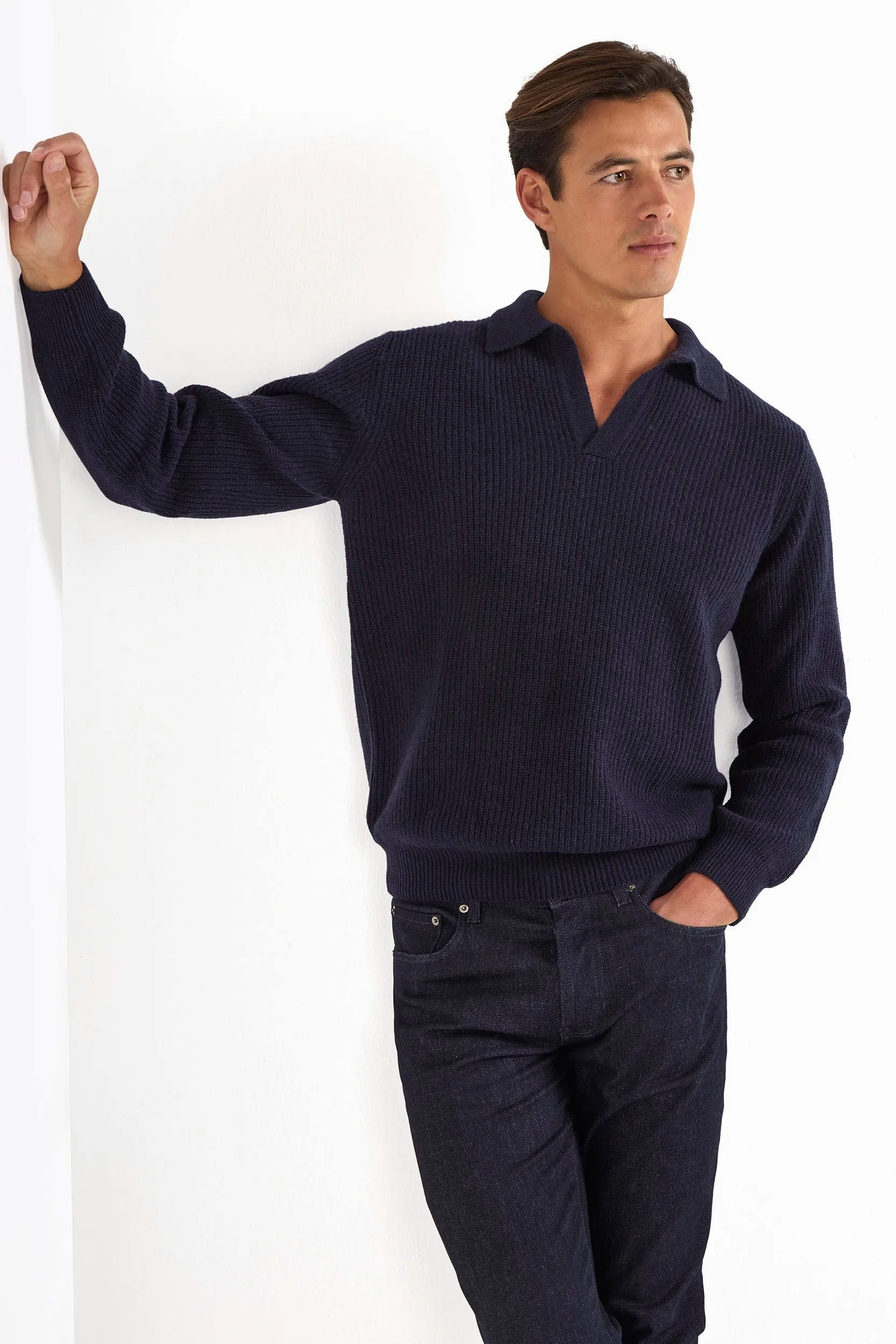 Ready To Go Knit Reinforced Edges Blue ribbed cashmere blend polo ?C Made in Italy