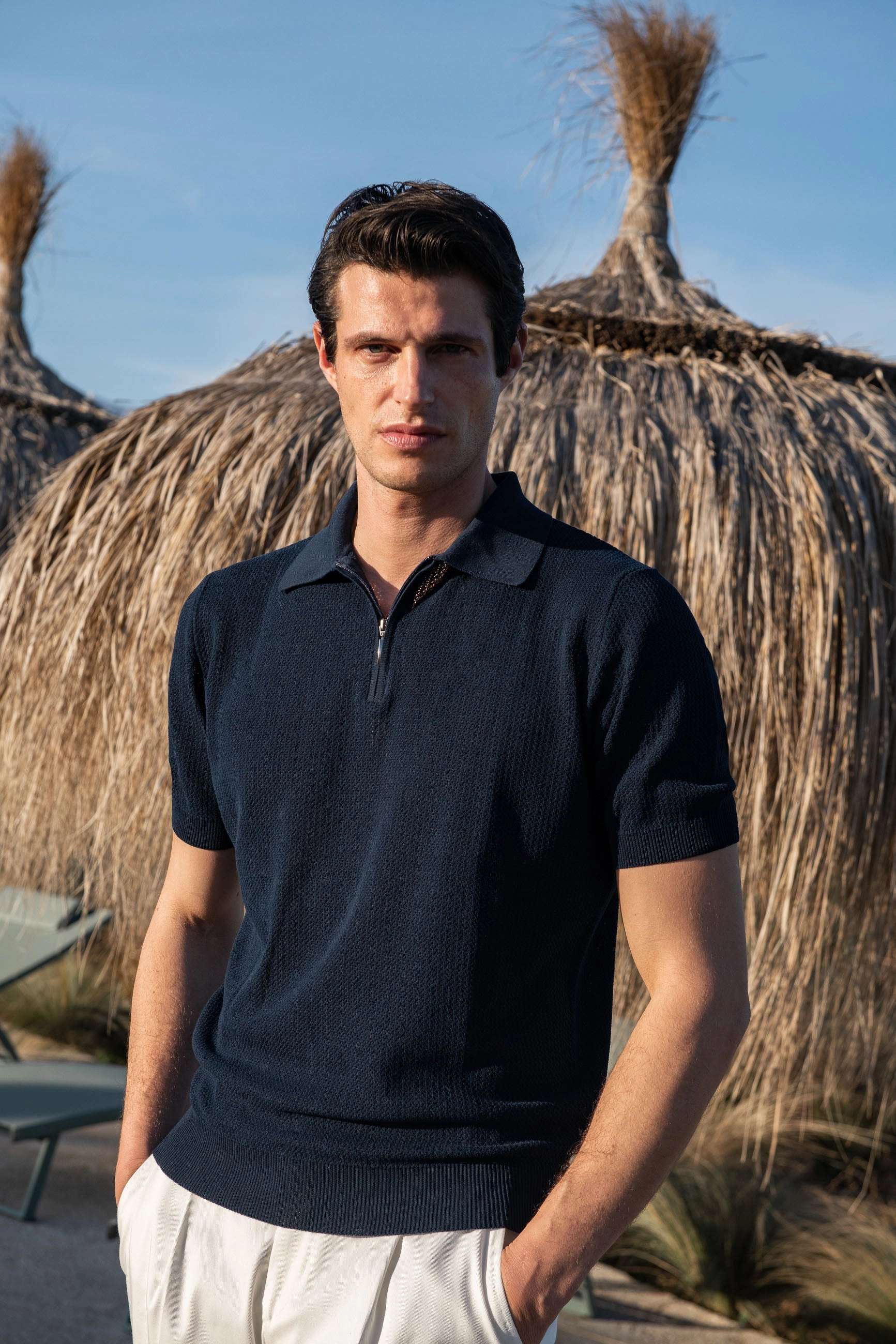 Blue textured knit polo with zip - Made in Italy Recycled Polyester Blend