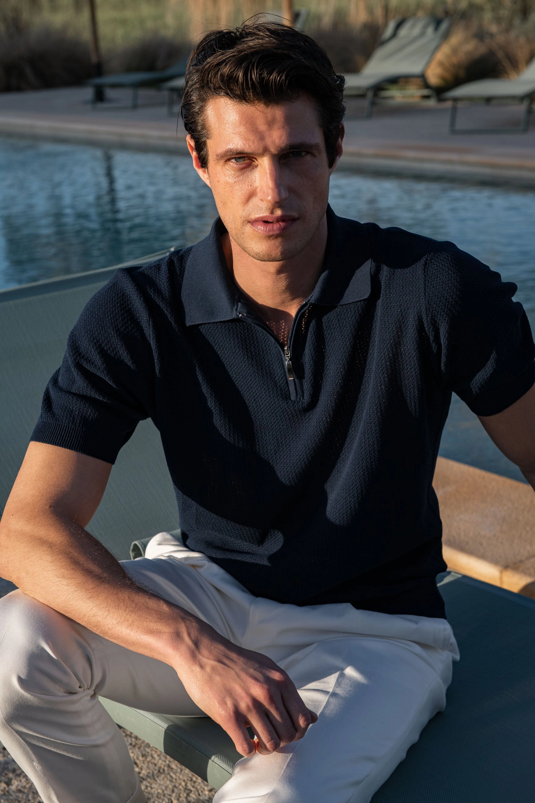 Blue textured knit polo with zip - Made in Italy Organic Cotton Yarn