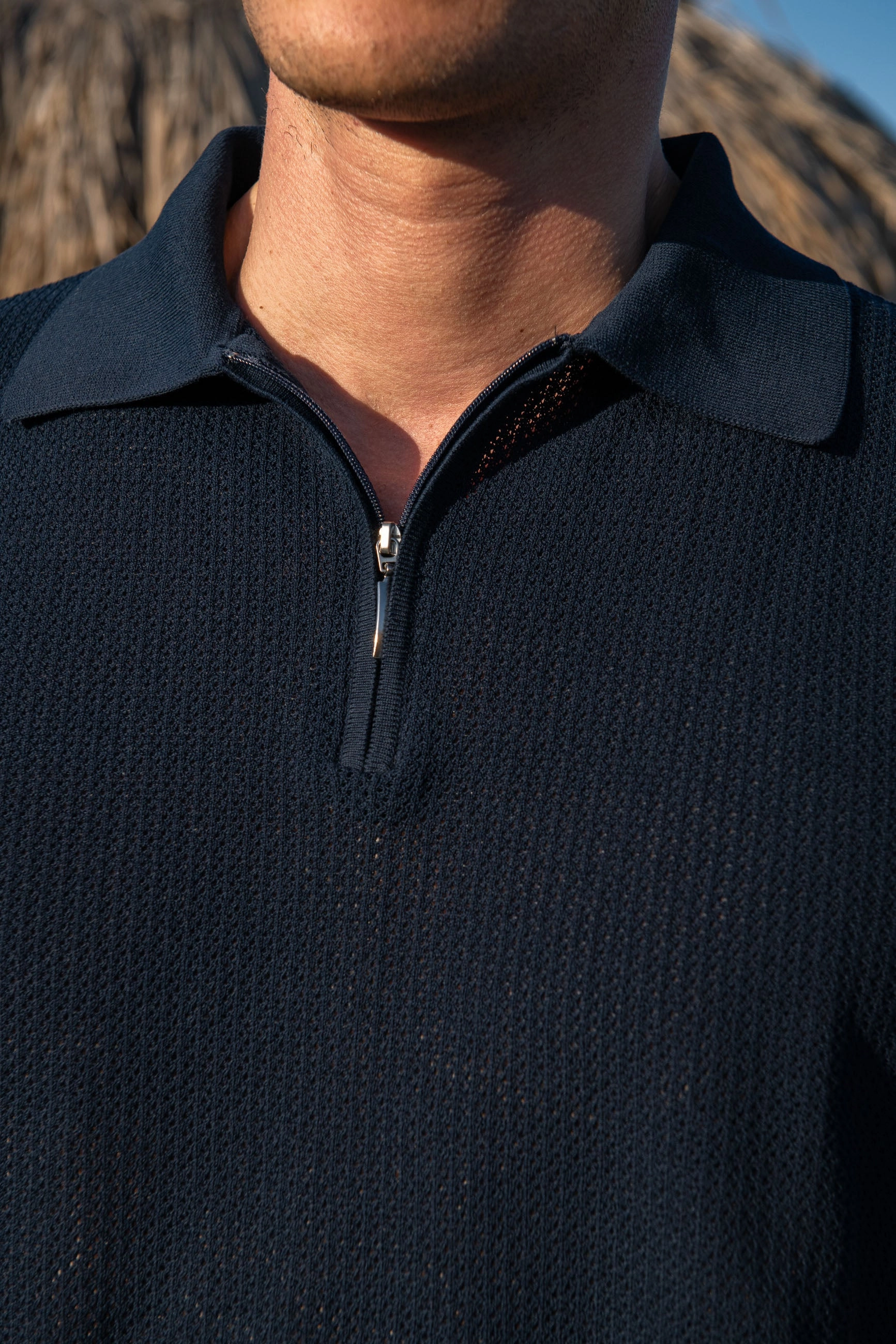 Blue textured knit polo with zip - Made in Italy Simple Wear