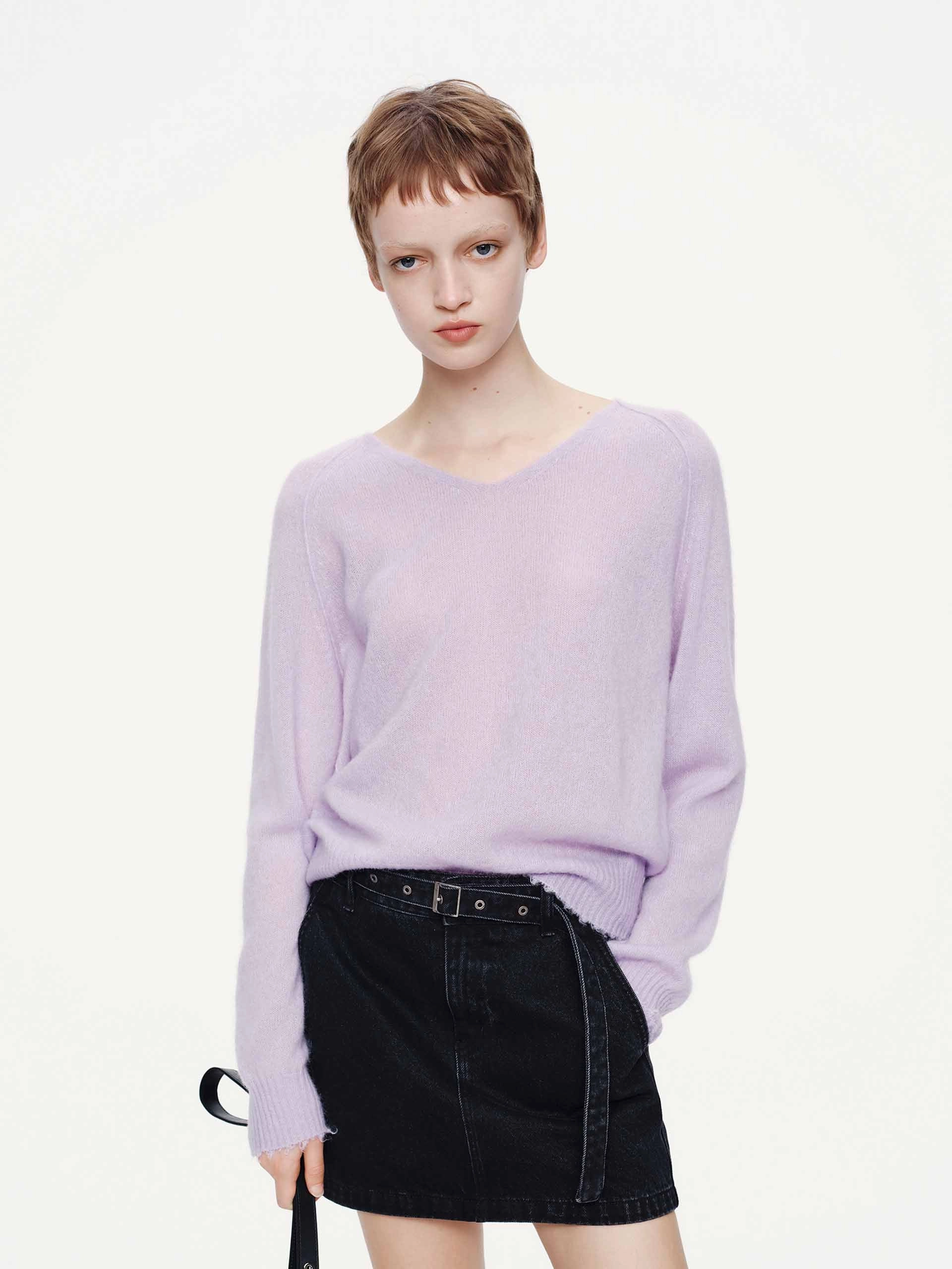 Raw Hem V-neck Sweater MicrofiberBlend Texture