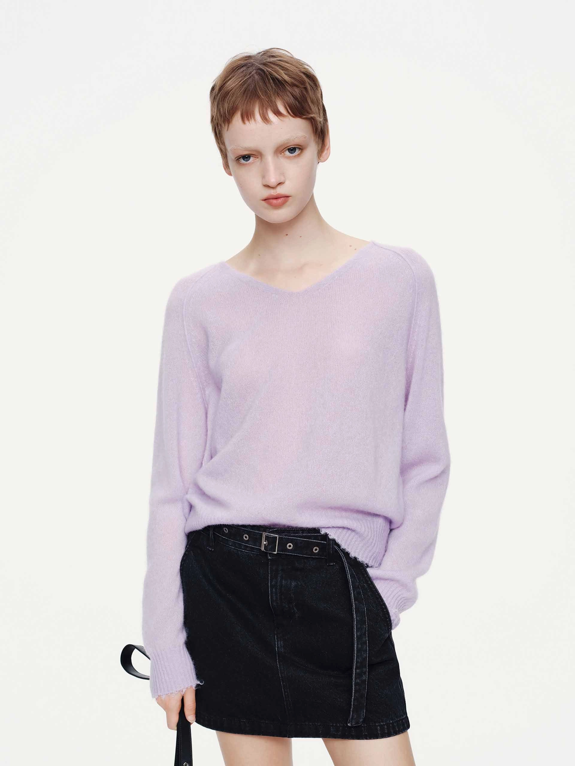 Merino Wool Raw Hem V-neck Sweater