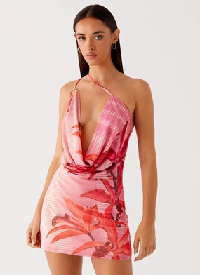 Matte-finish Bohemian Bliss Mesh Mini Dress - Tropical Pink Print