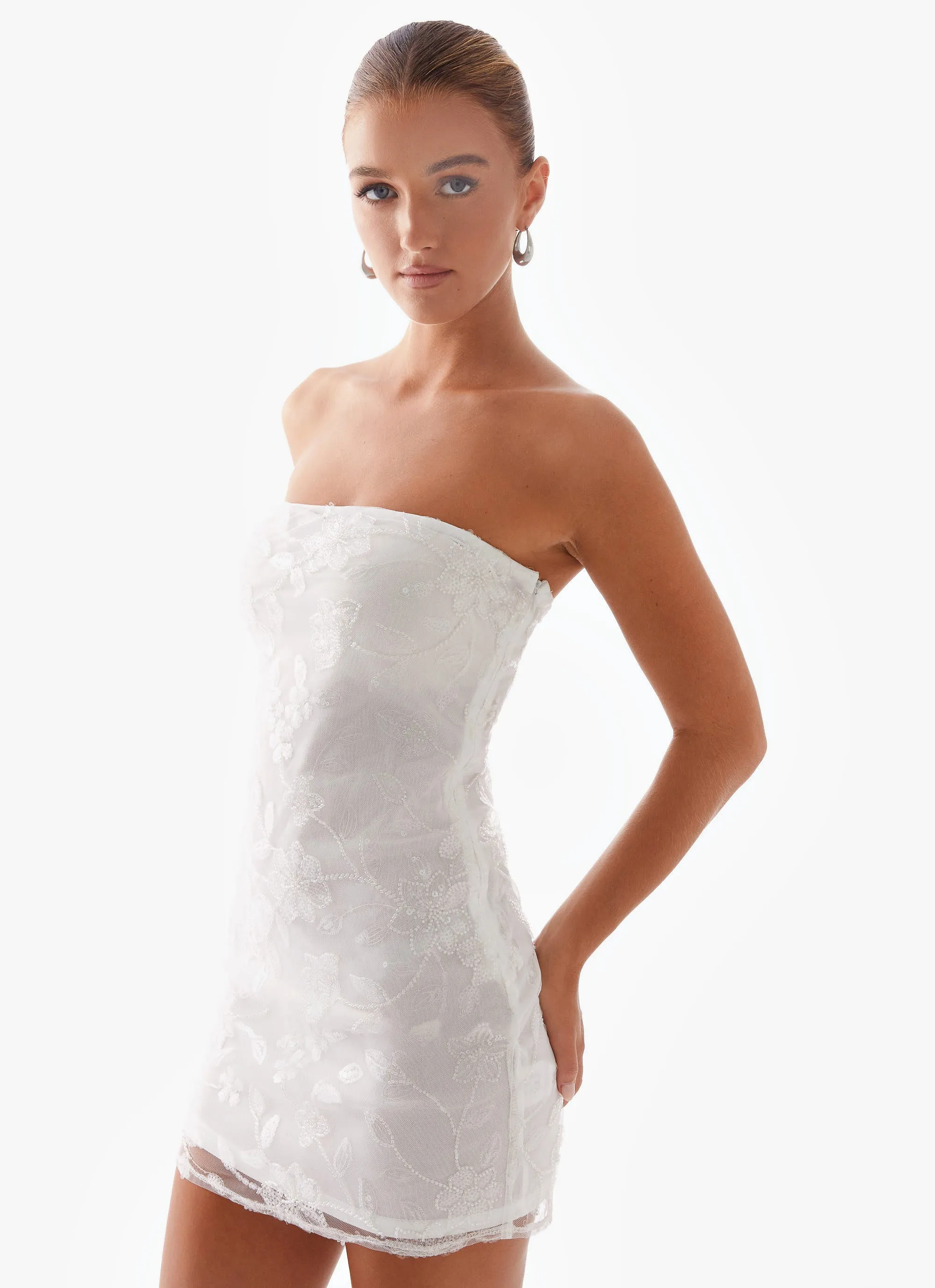 Festival-Ready Style Ease Moorey Beaded Mini Dress - White Silver