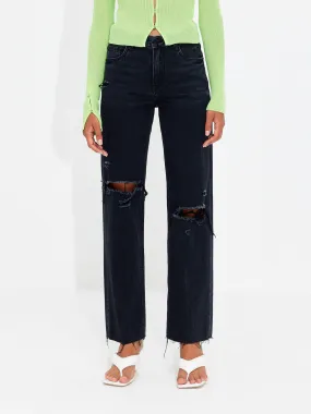 Elegant Vibrant Textured Smart Waistband Black Ripped Detail Jeans