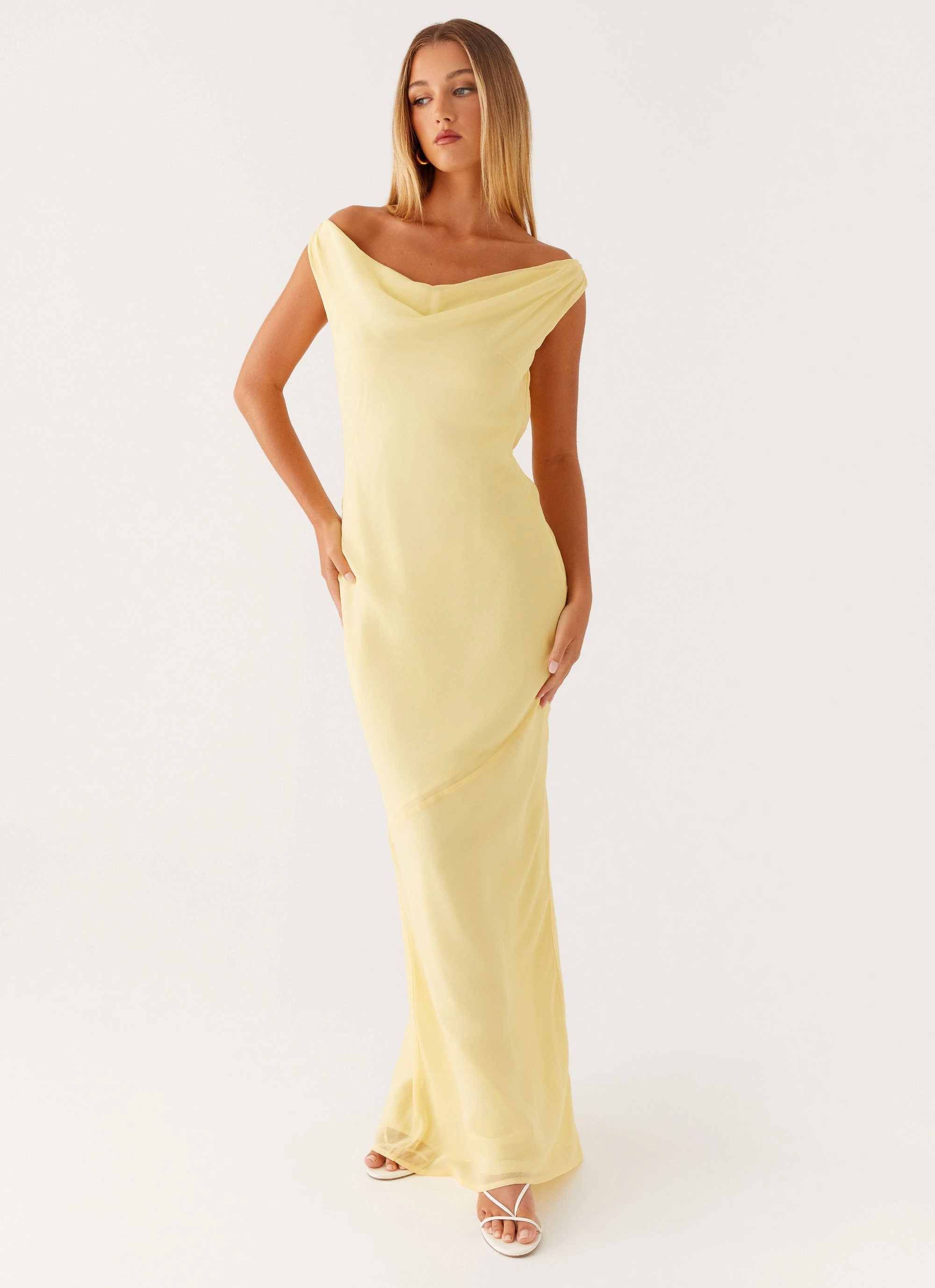 Back-Zip Fall Comfort Brittany Chiffon Maxi Dress - Pastel Yellow