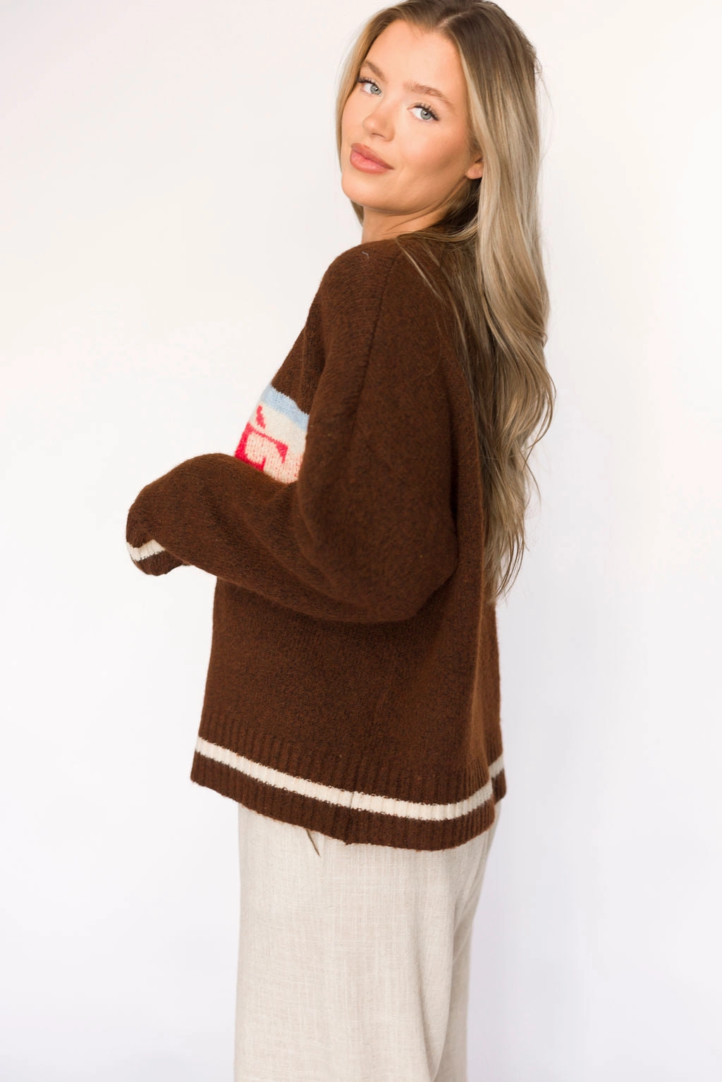 Comfy Knit Look Non Pilling Surface Apres Pullover Sweater Top in Chocolate