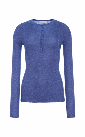 Anges Knit Henley in Cobalt Cashmere Silk with Hemp Minimal Vibe Snug Style