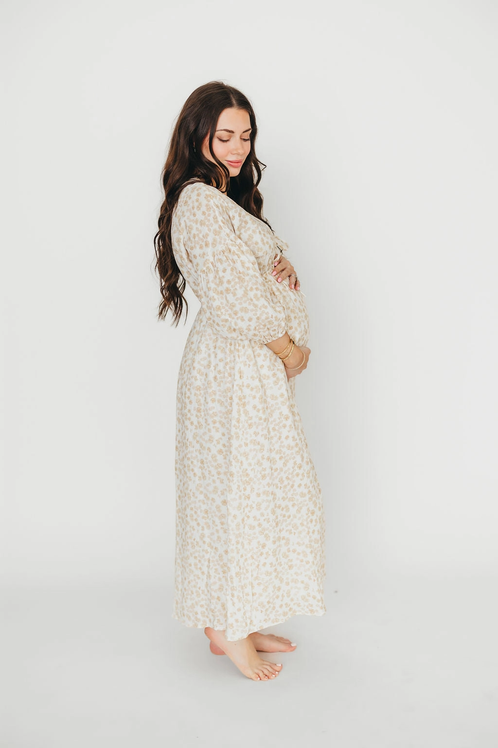 Hunter 100% Cotton Gauze Midi Dress in Natural/Fawn Floral - Bump Friendly Minimalist Waistband Drawstring-Closure