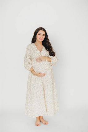 Hunter 100% Cotton Gauze Midi Dress in Natural/Fawn Floral - Bump Friendly Sophisticated Elegance