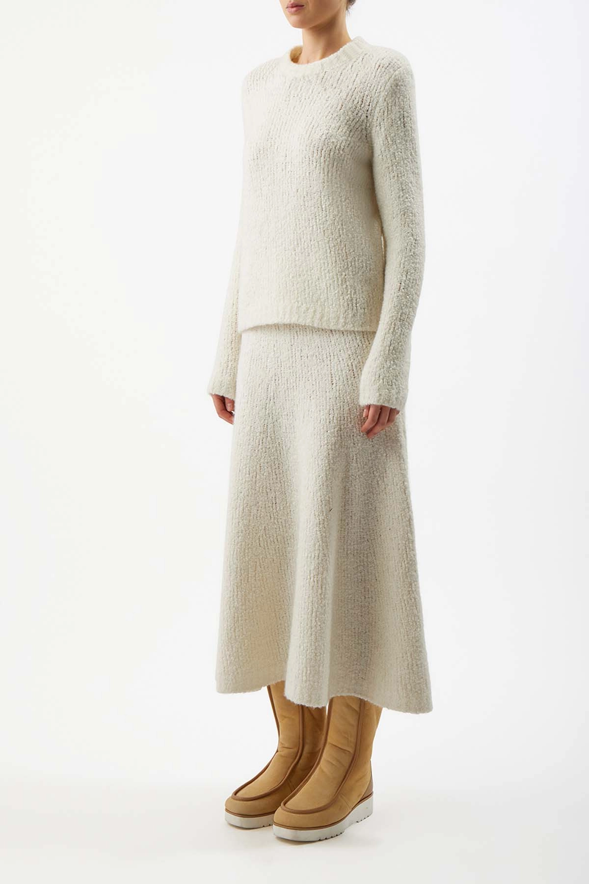 Fresh Trend Pablo Knit Midi Skirt in Ivory Cashmere Silk Boucle