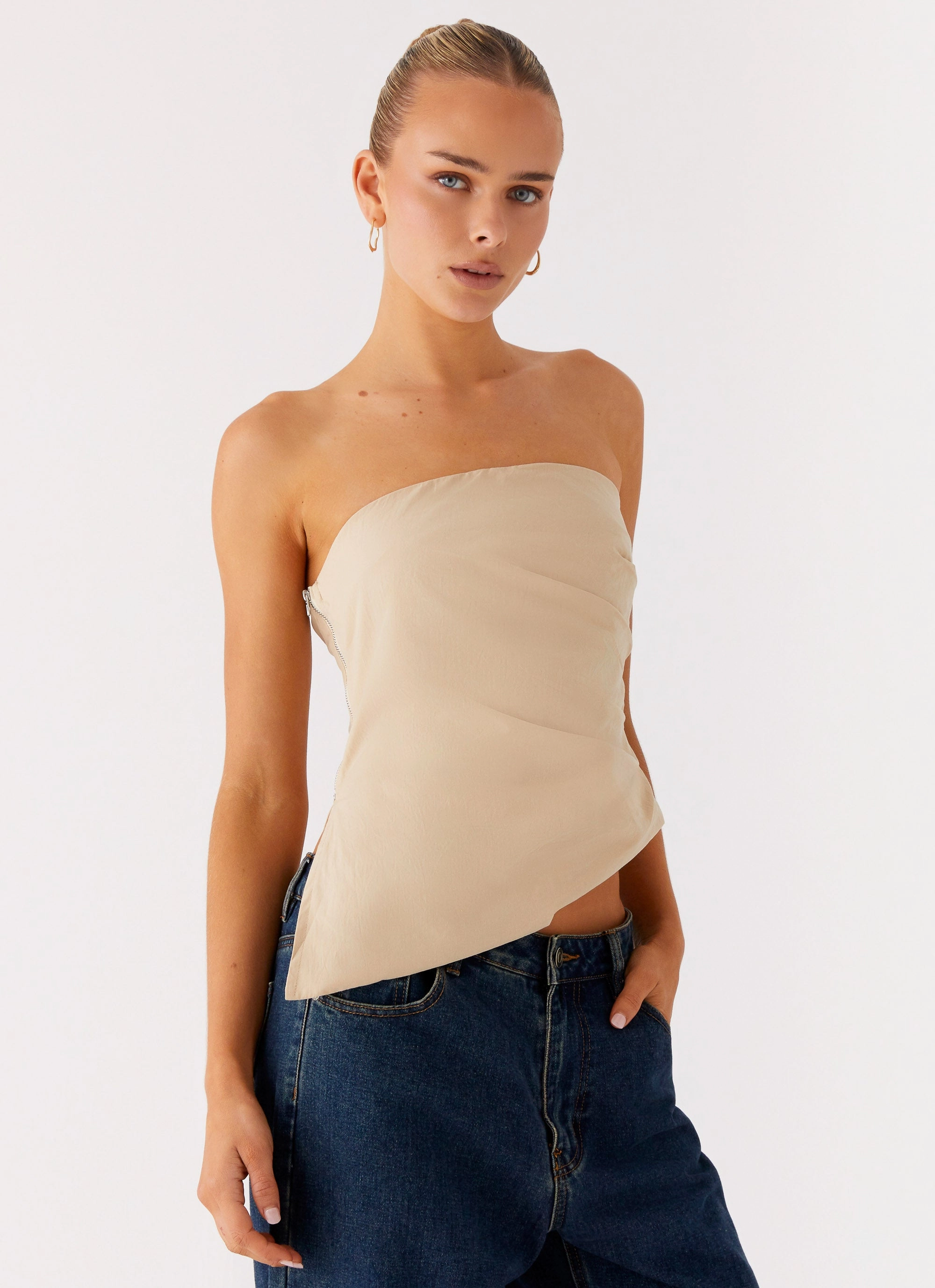 Briana Strapless Top - Tan polka dotted Multipocket Functionality