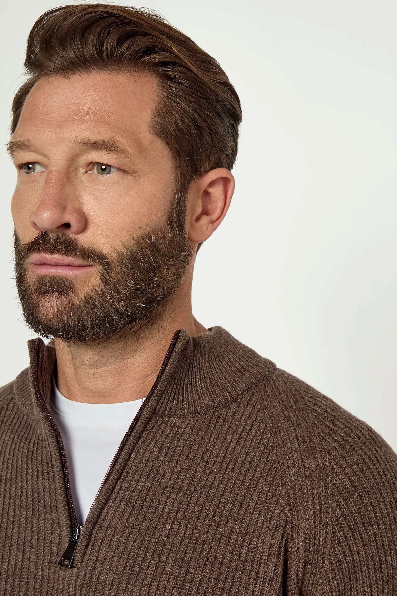 Brown cashmere blend ribbed half zip - Made in Italy LowImpact Dye Process