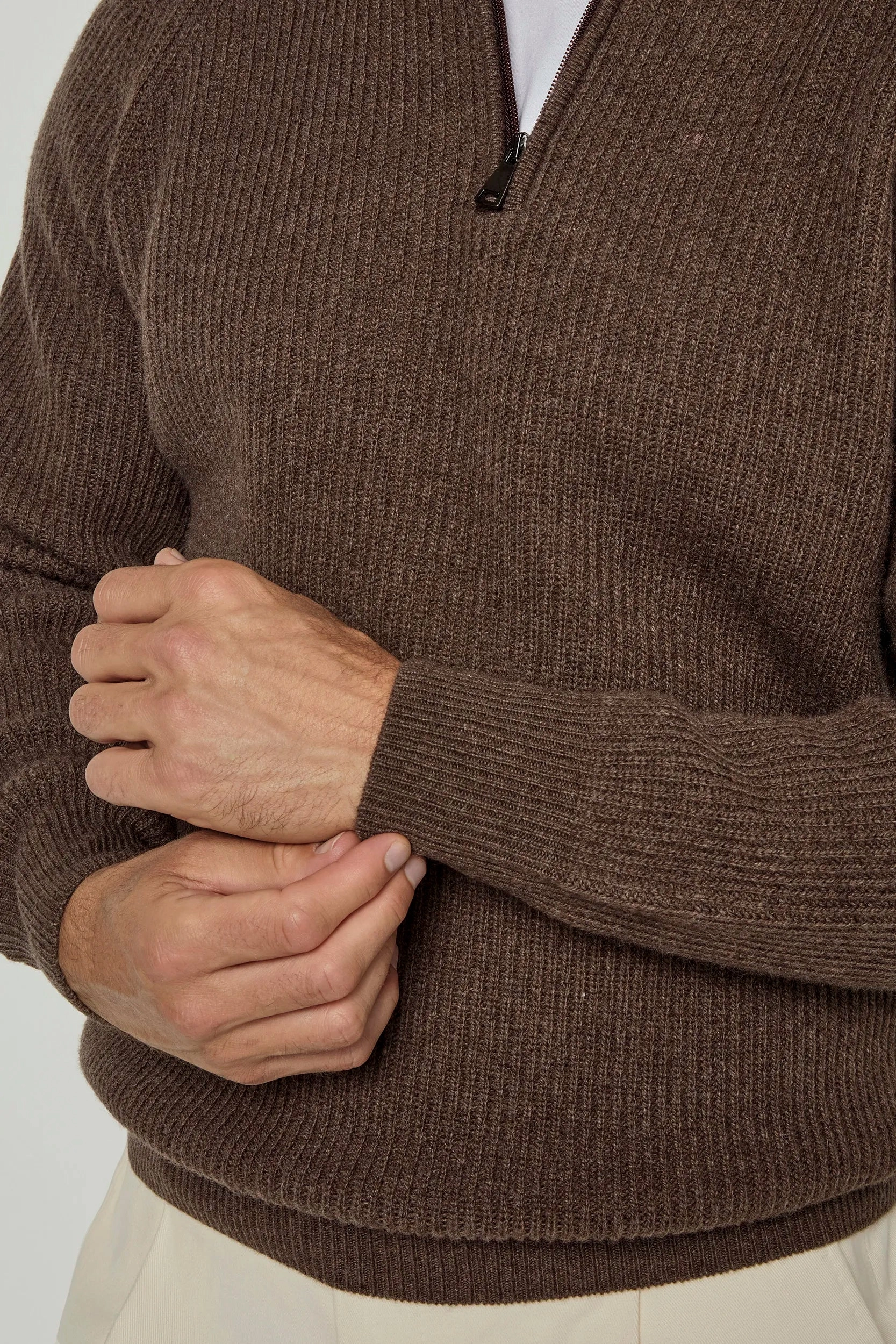 Reinforced Stress Points Brown cashmere blend ribbed half zip - Made in Italy