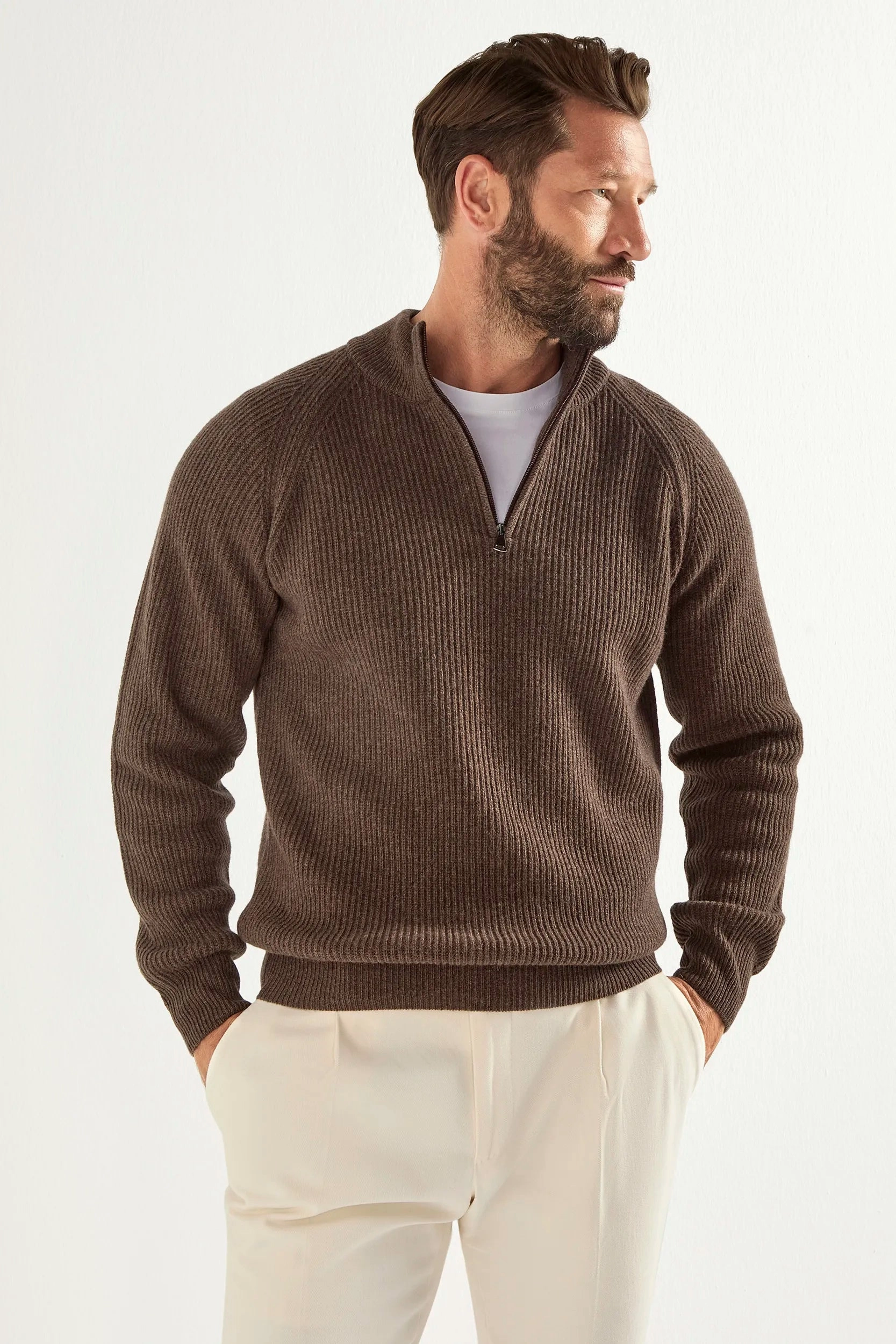 Brown cashmere blend ribbed half zip - Made in Italy QuickDry Weave Street Casual