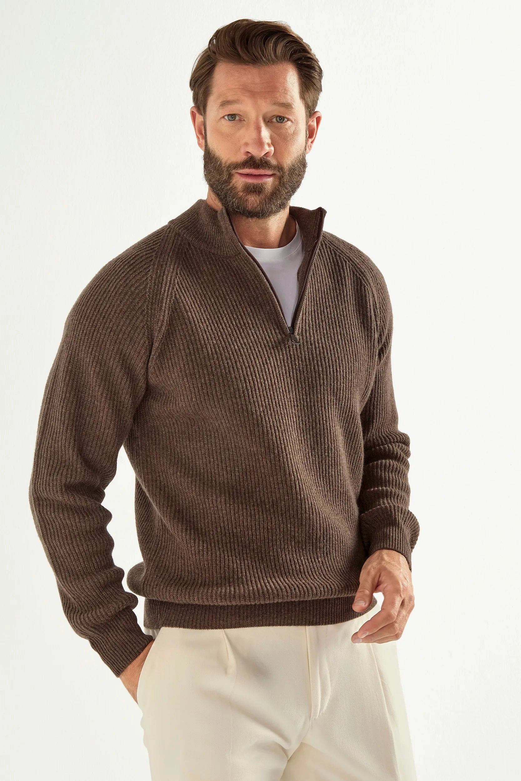 Stretchable Material Brown cashmere blend ribbed half zip - Made in Italy