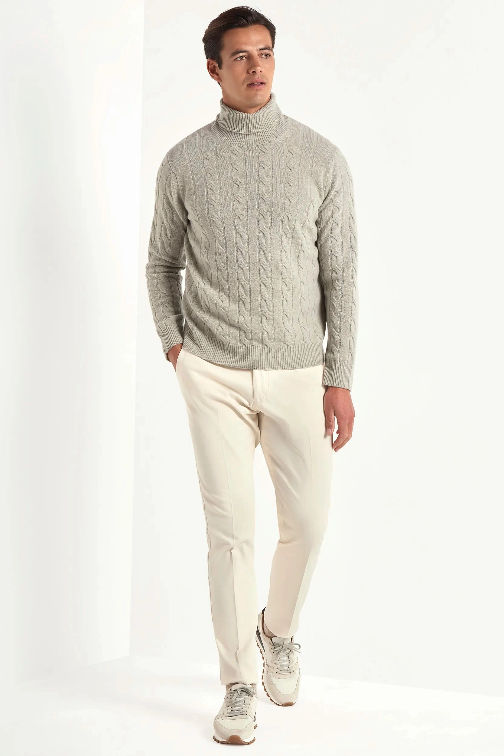 Interlock Weave Winter Comfort Light sage cable knit turtleneck ?C Made in Italy