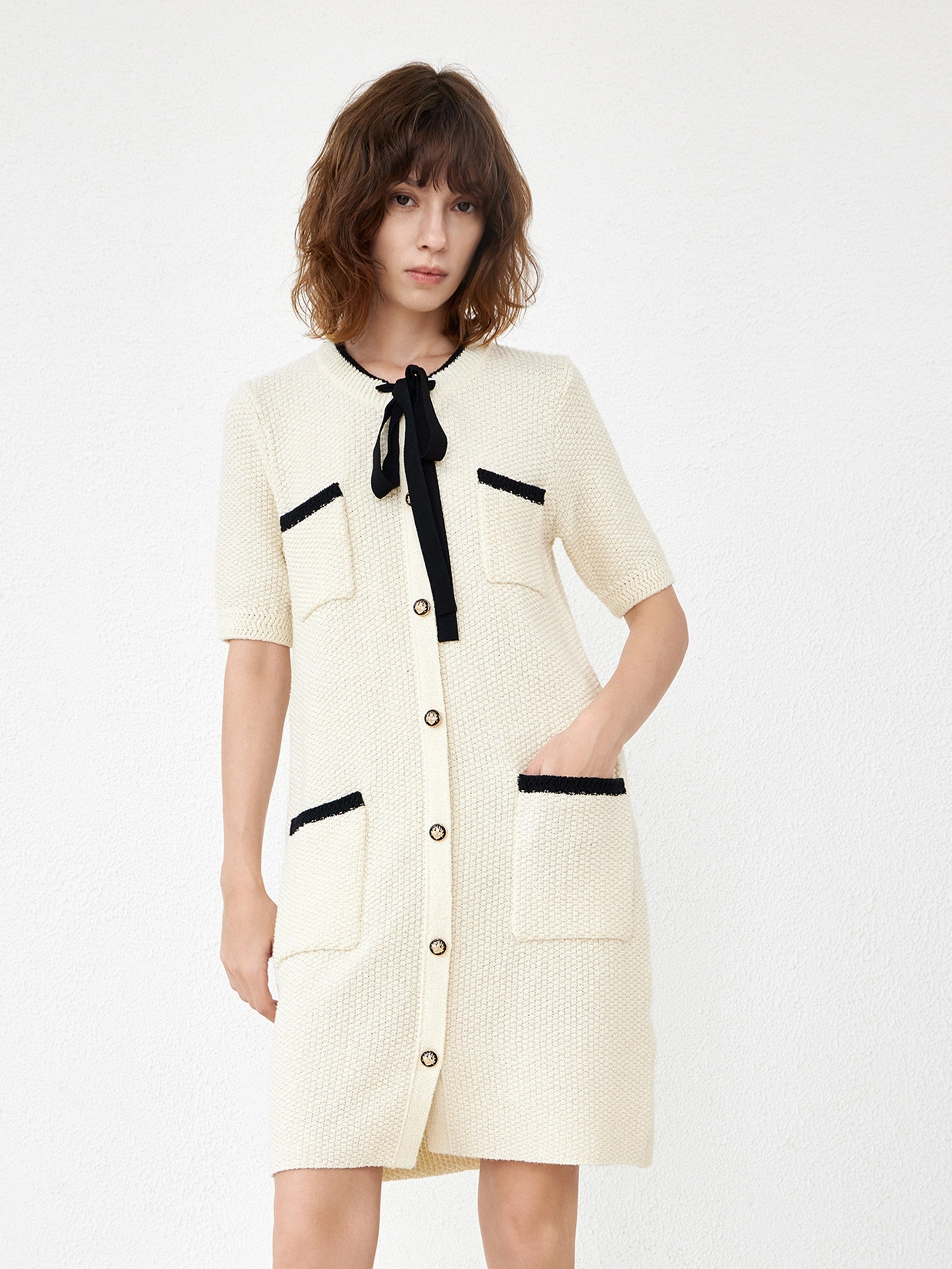 Button Up Contrast Knit Dress Daywear Mood