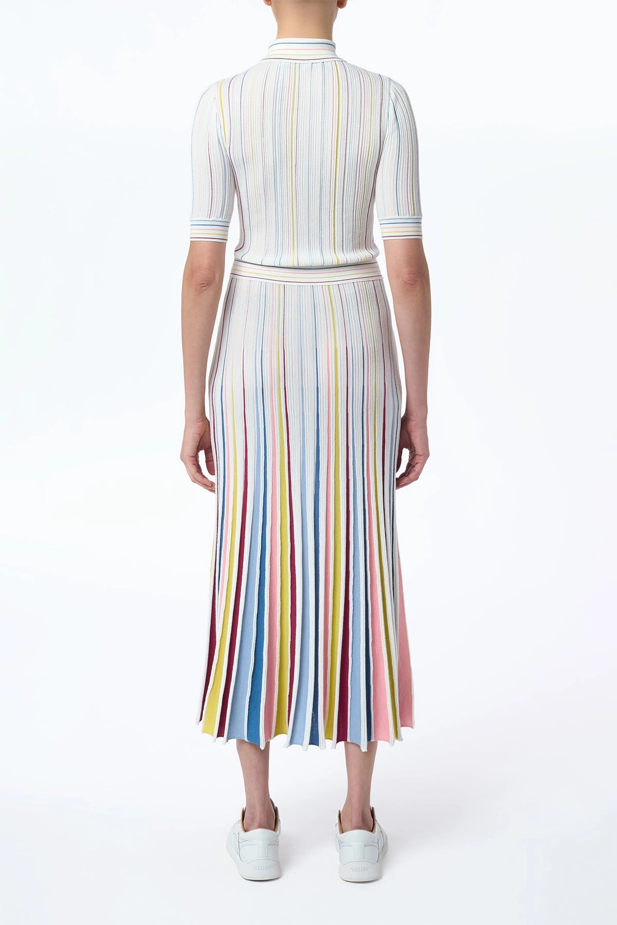 Calypso Pinstripe Knit Midi Dress in Ivory Multi Merino Wool LowMaintenance Fabric