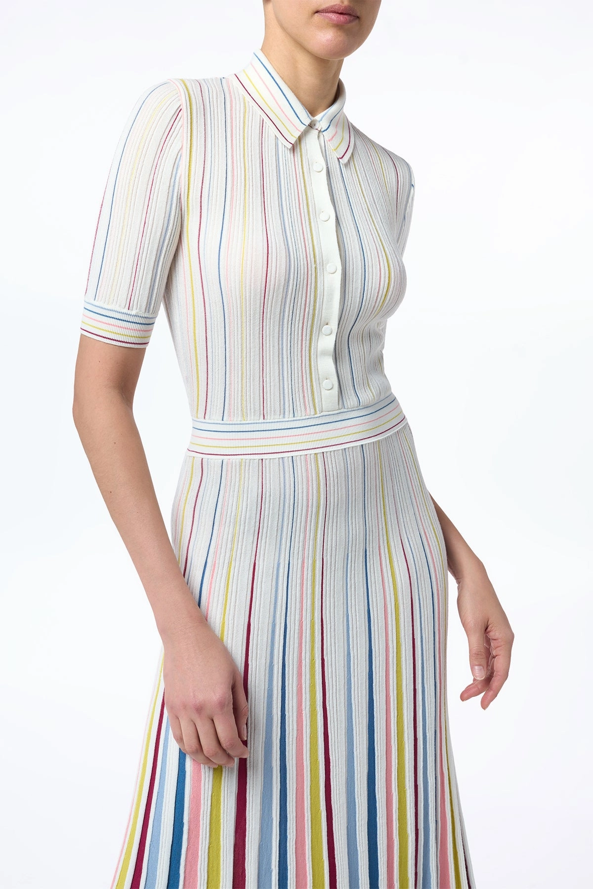 Calypso Pinstripe Knit Midi Dress in Ivory Multi Merino Wool Sublimation Print Resistant