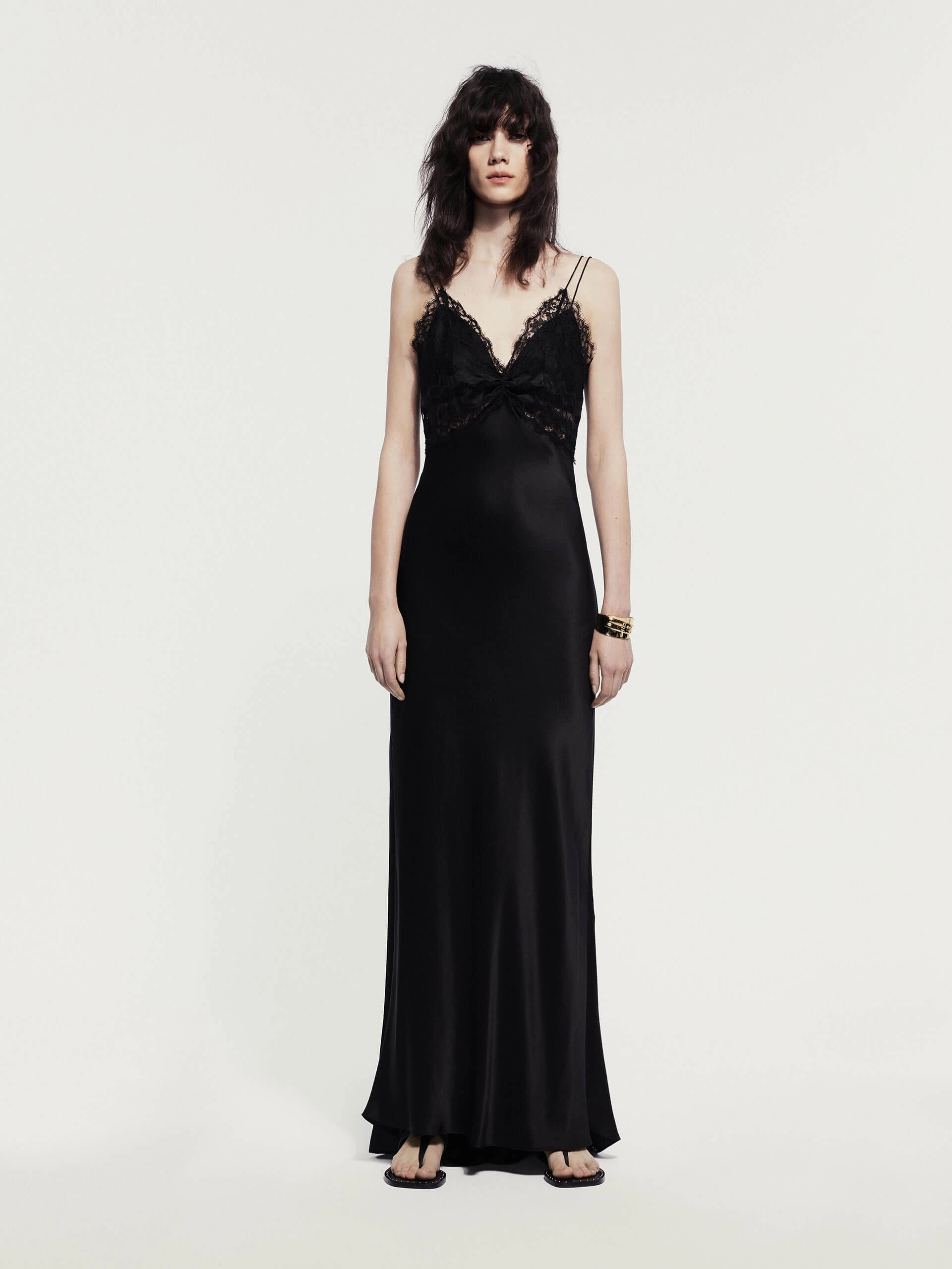 Gemstone-Detail Elegant Waistband Cami Silk Lace Dress