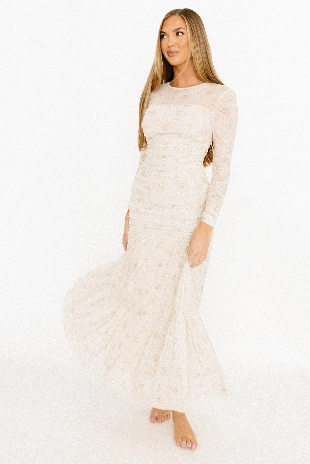 Camille Mesh Gathered Side Seam Maxi Dress in Nude Multi Floral - Bump Friendly EcoFriendlyDye Beach Moment