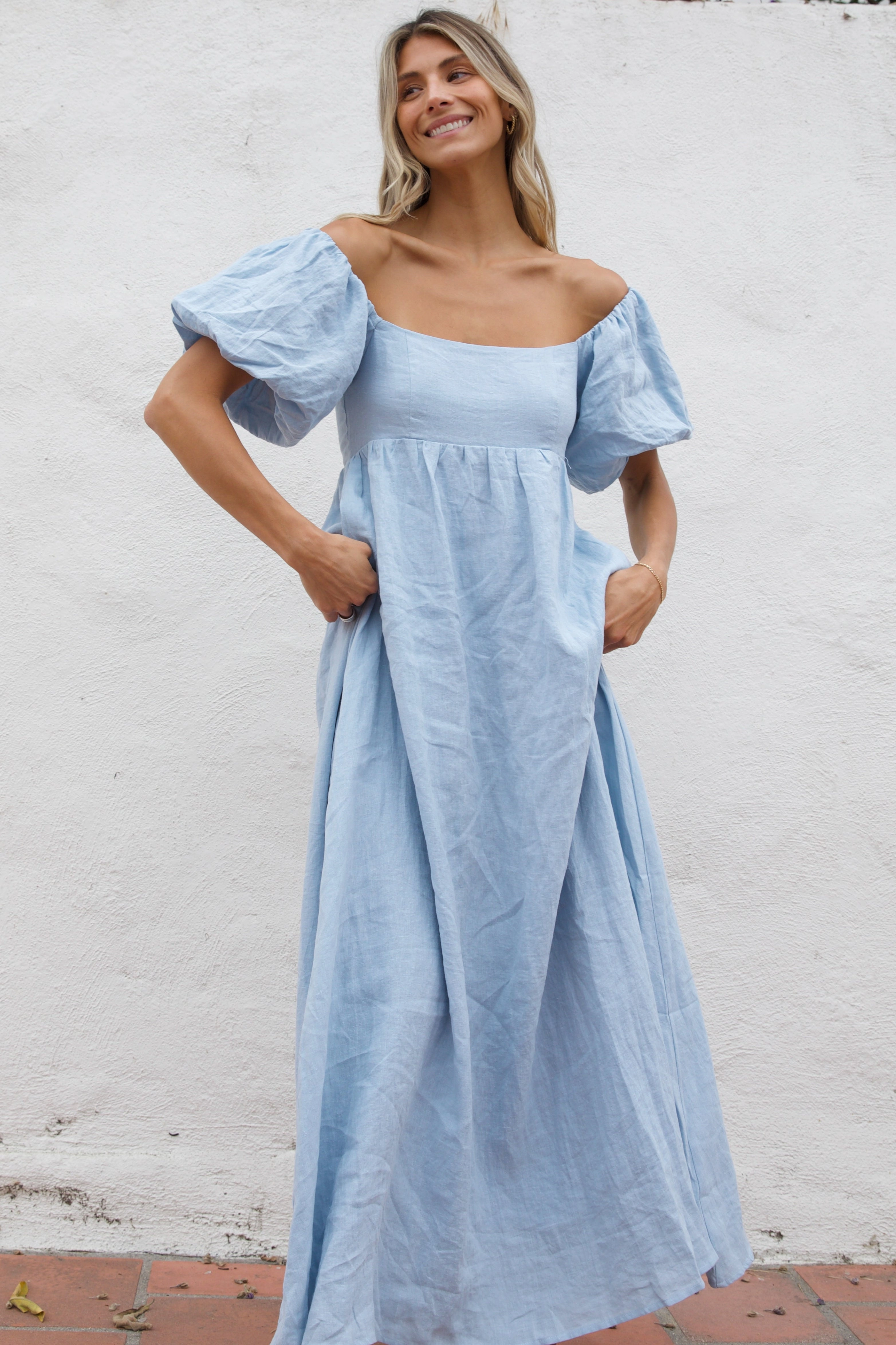 Candace Maxi Dress in Light Blue Simple Elegance Mesh-Sleeve