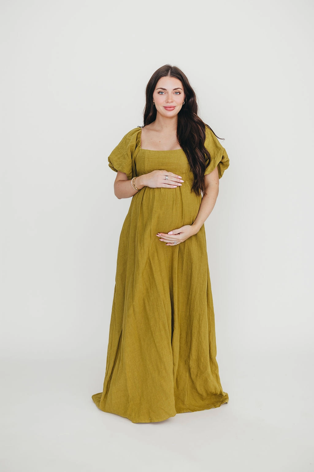 Chic Layering Elastic-Cuff Candace Maxi Dress in Olive - 100% Linen - Bump Friendly
