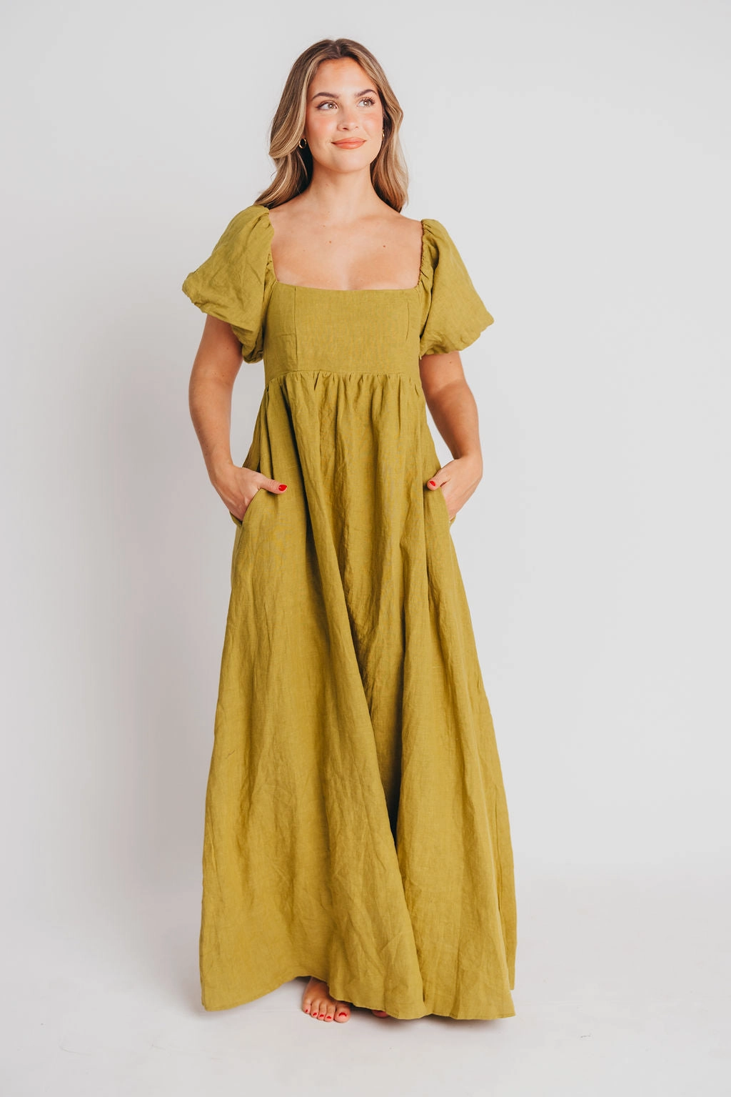 Candace Maxi Dress in Olive - 100% Linen - Bump Friendly Versatile dress for layering