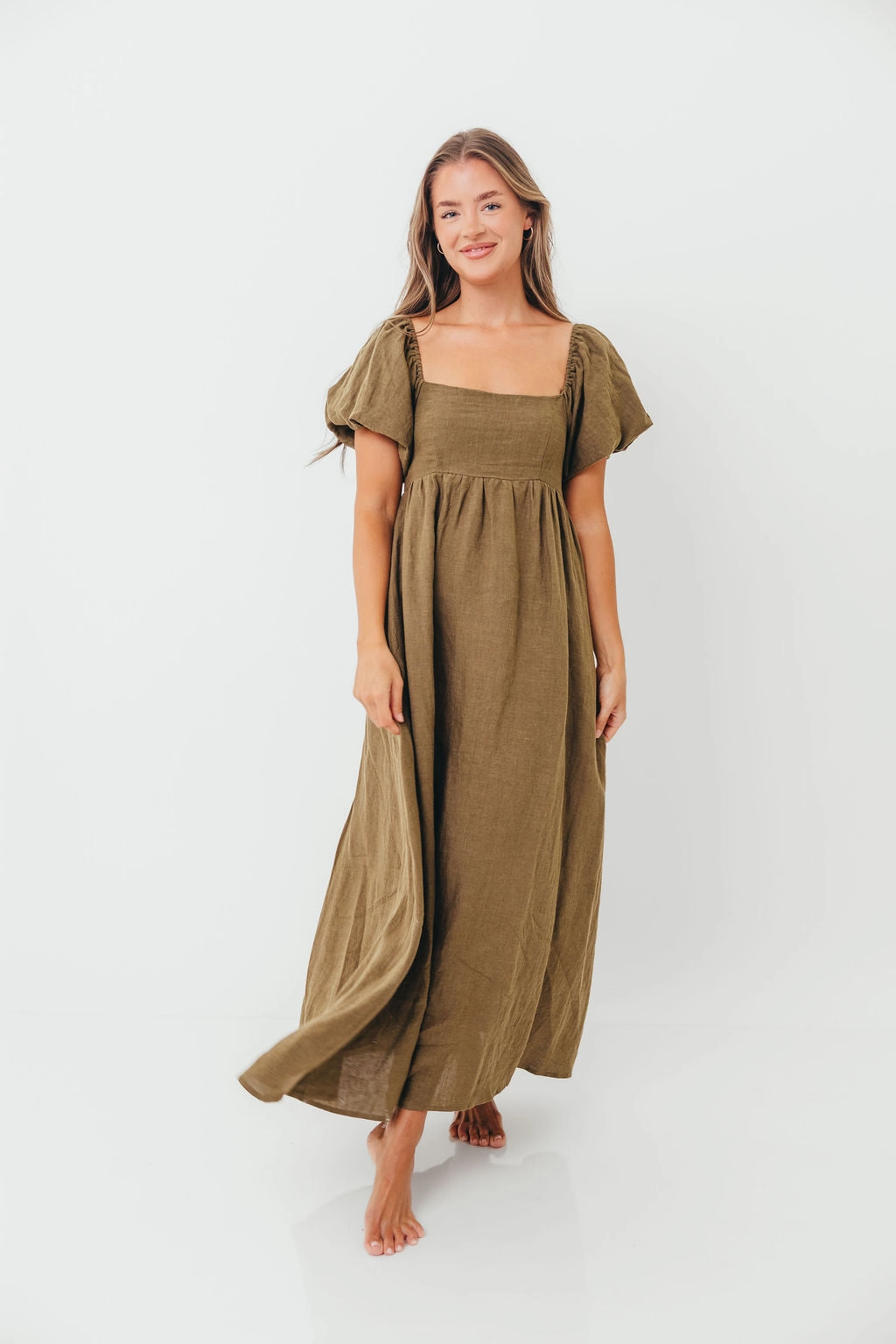 AntiPillTreatment Feminine Tailoring Candace Woven Linen Maxi Dress in Dark Olive - Bump Friendly