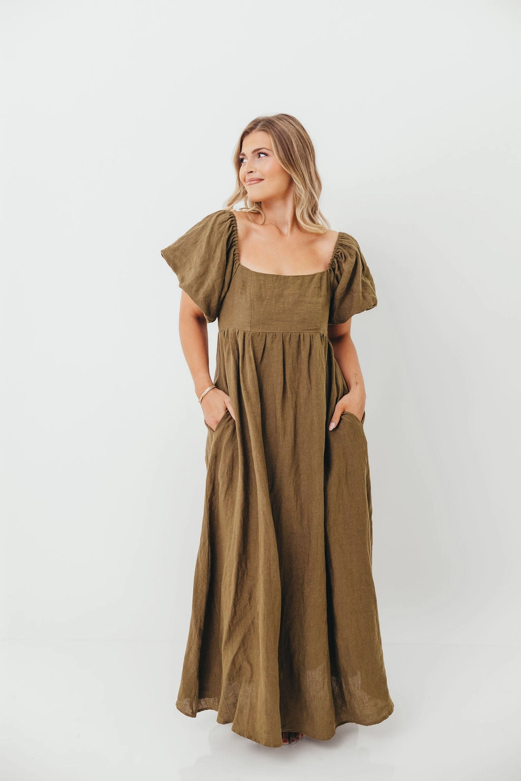 Natural Tones Candace Woven Linen Maxi Dress in Dark Olive - Bump Friendly