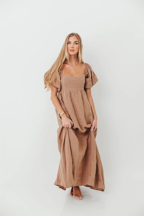 Candace Woven Linen Maxi Dress in Mocha - Bump Friendly Tiered Skirt NonIrritatingLining