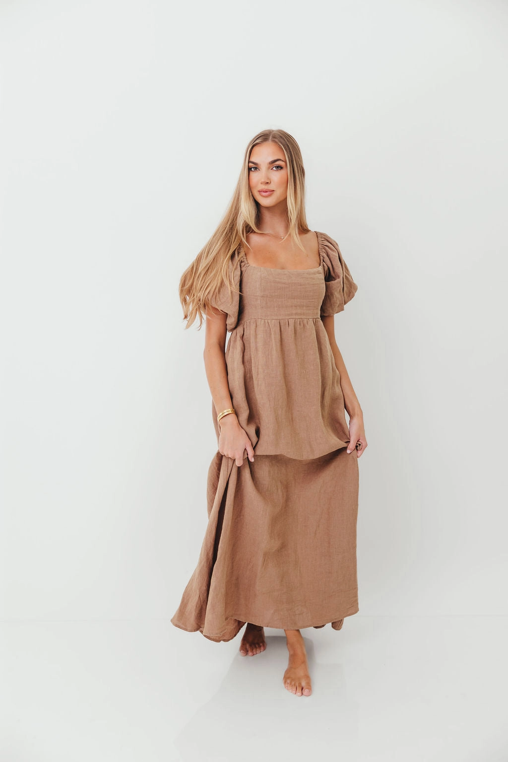 Candace Woven Linen Maxi Dress in Mocha - Bump Friendly Bow Soft