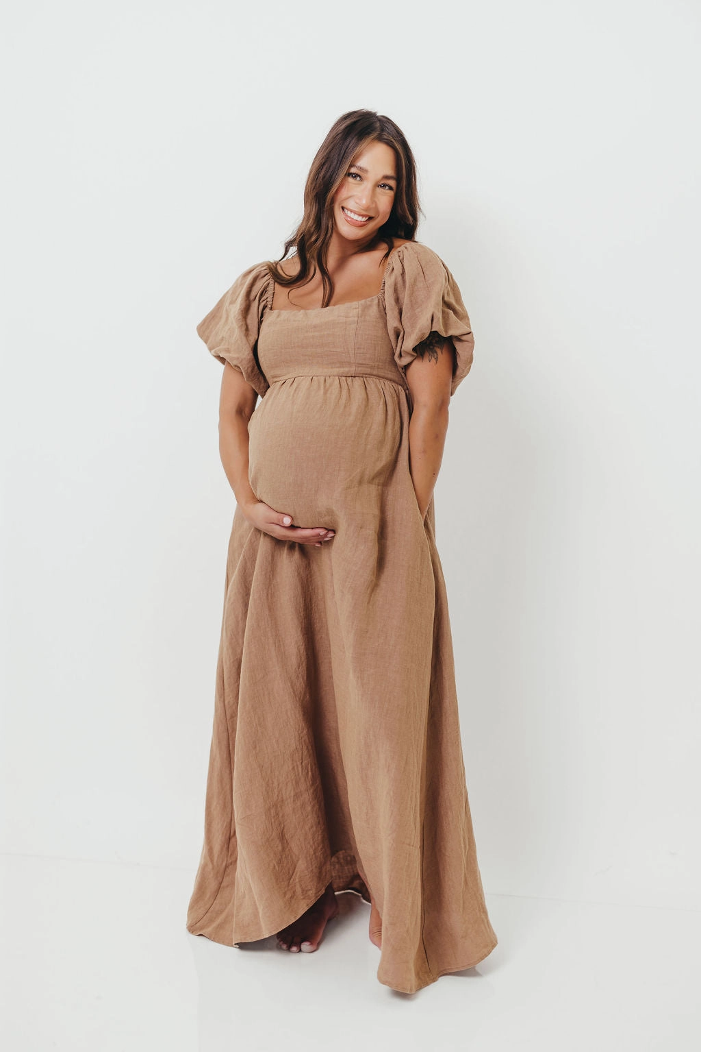 Polished Fit Candace Woven Linen Maxi Dress in Mocha - Bump Friendly