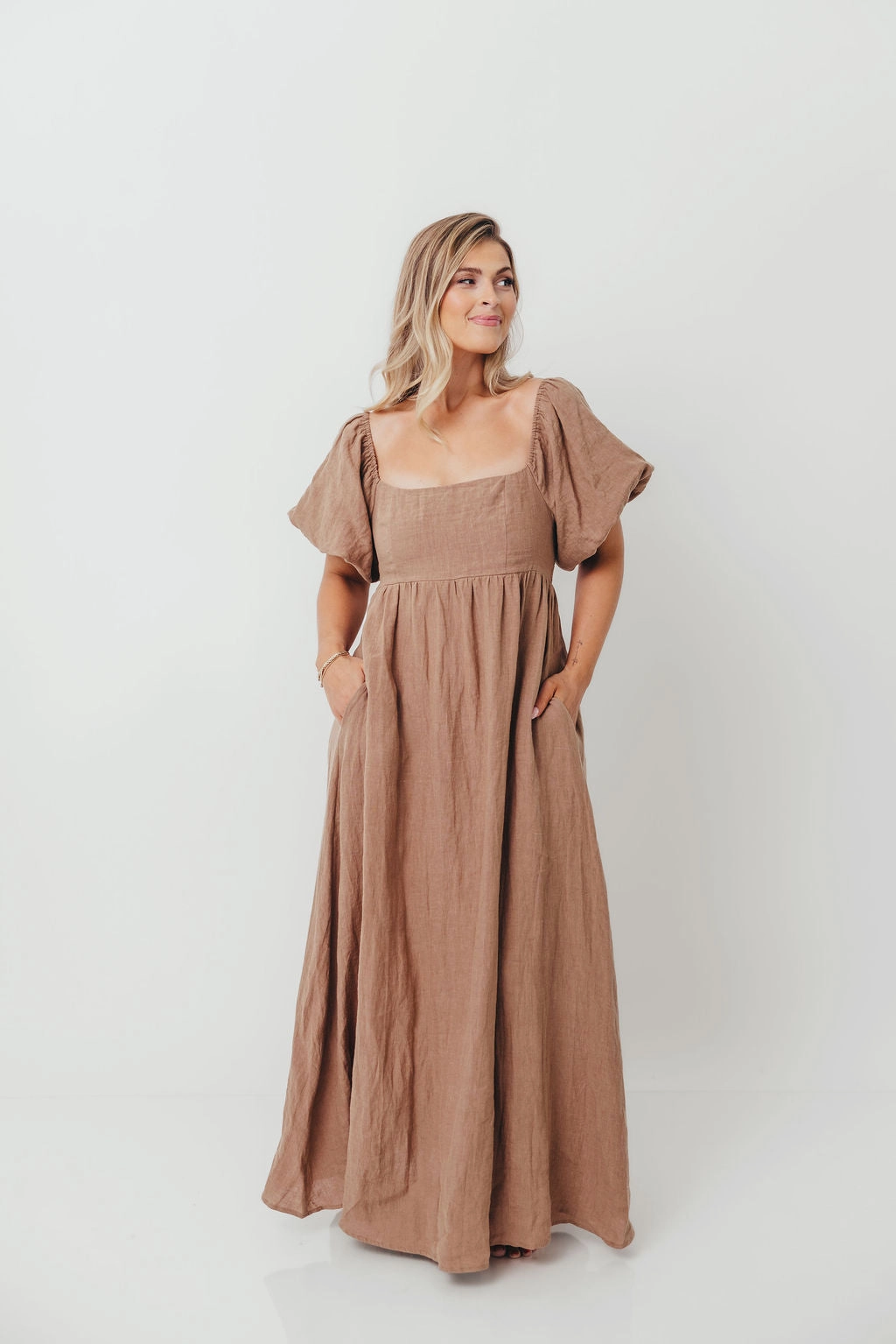 warm tones Unique Print Candace Woven Linen Maxi Dress in Mocha - Bump Friendly