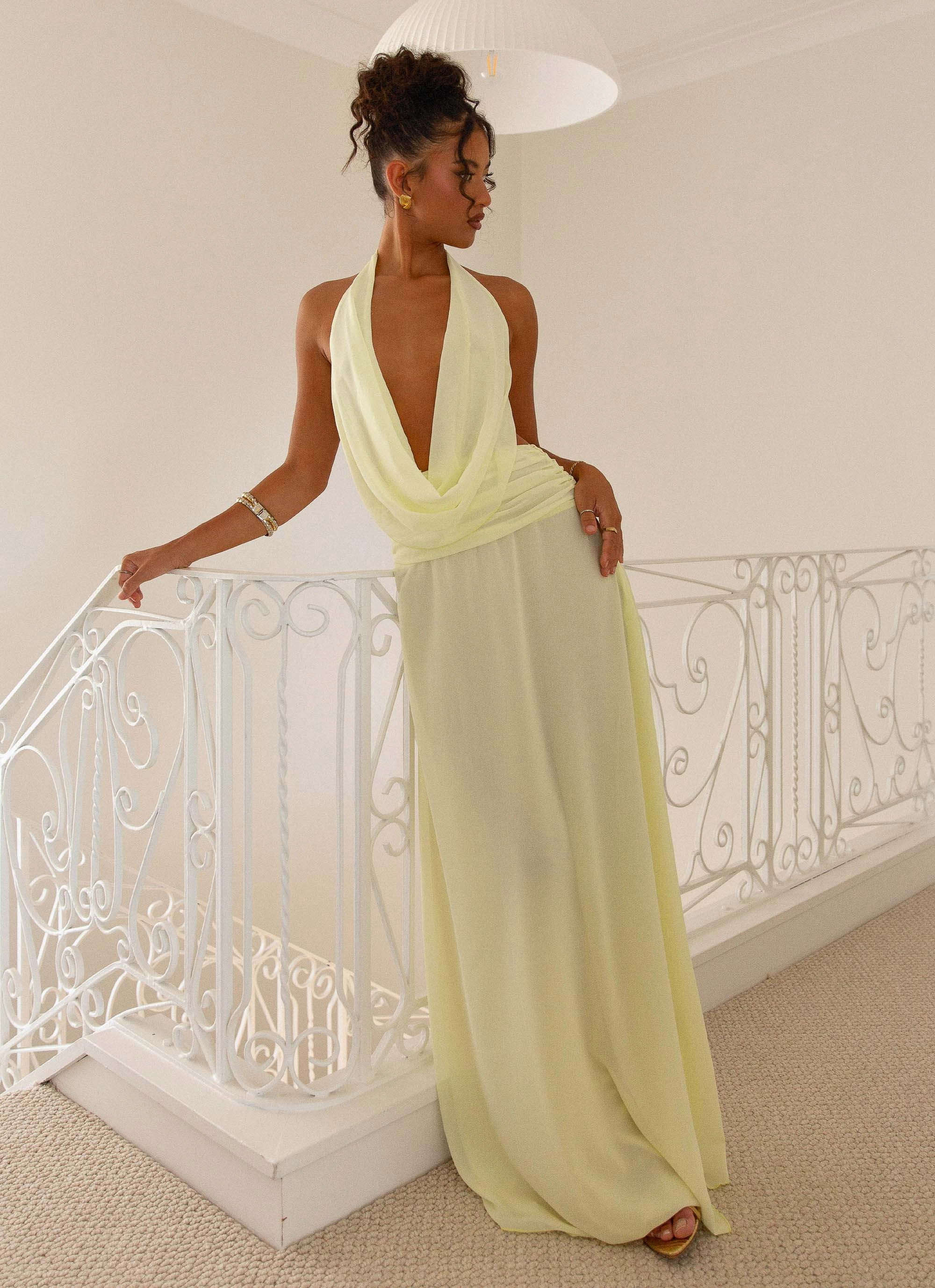 Comfy and Elegant Mid layer Elysia Chiffon Maxi Dress - Lemon