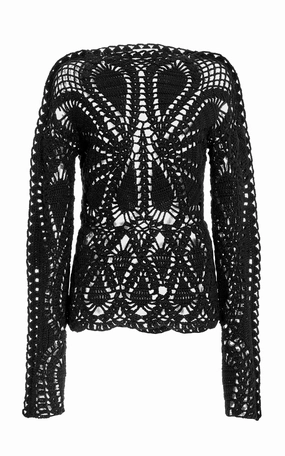 Capps Crochet Top in Black Wool Cashmere Fray Resistant Edges Ribbed Collar Design