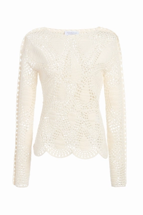 Capps Crochet Top in Ivory Wool Cashmere Moisture Management Gentle Fabric