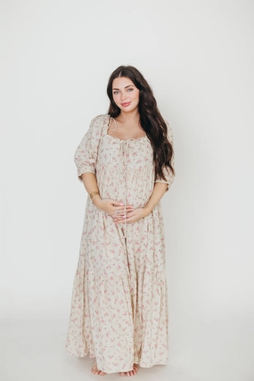 Sleek Layer Sophisticated Waistband Fit Cara 100% Cotton Maxi Dress in Pink/Brown Floral *Final-Sale*